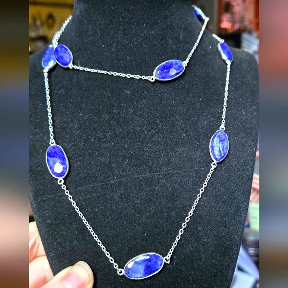 Lapis lazule natural crystal gemstone sterling station necklace 16"/33" - Picture 1 of 9